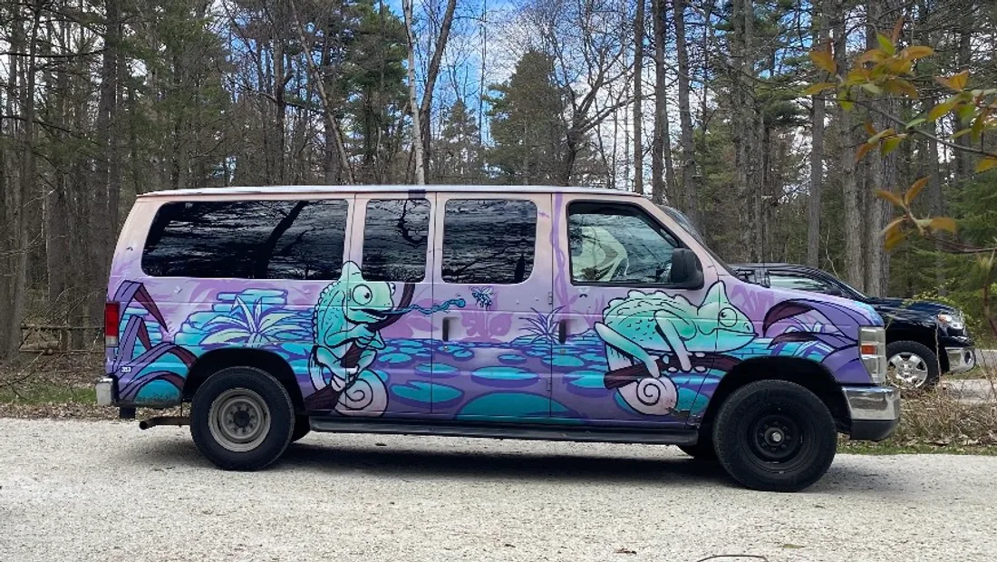 Violet, the purple pond-mural 2013 Ford Econoline camper van, side profile
